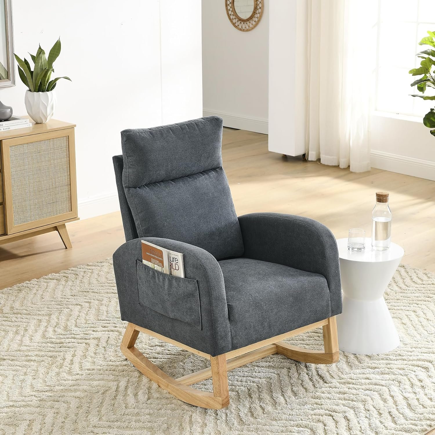 Dolonm Rocking Chair Modern Glider Chair for Baby Nursery Upholstered Velvet Rocker Tufted Button High Back Accent Armchair for Living Room, Bedroom, Office (Beige)