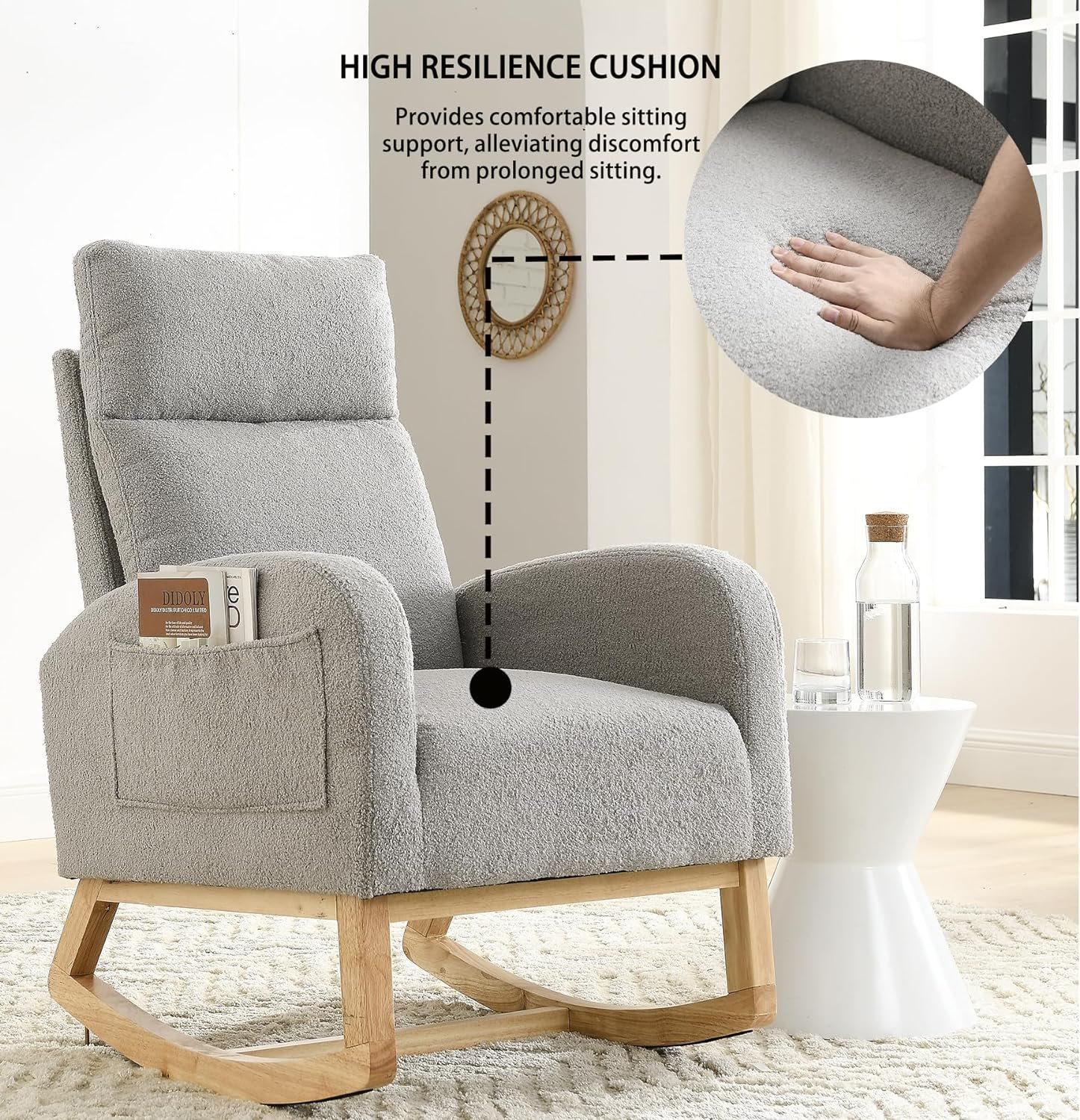 Dolonm Rocking Chair Modern Glider Chair for Baby Nursery Upholstered Velvet Rocker Tufted Button High Back Accent Armchair for Living Room, Bedroom, Office (Beige)