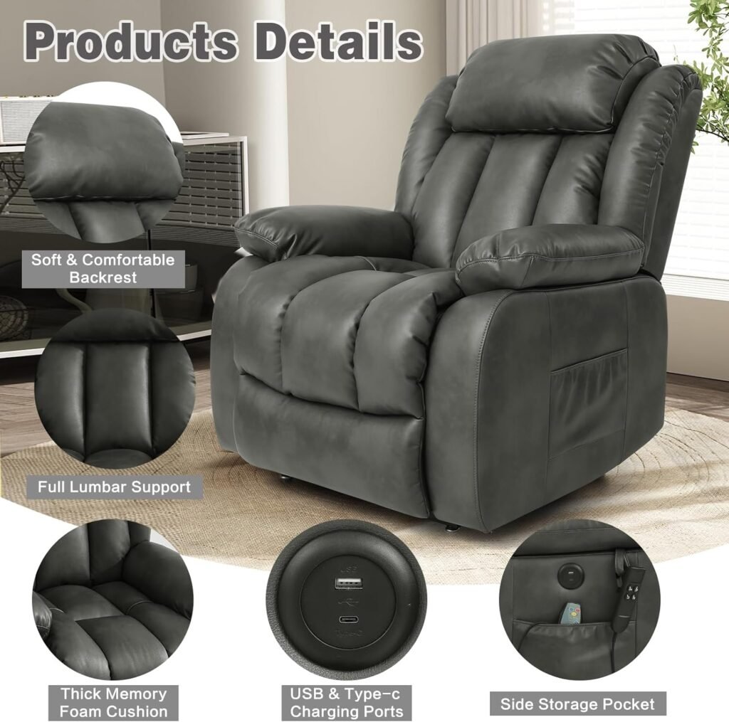 EASELAND Infinite Position Dual Motor Large Power Lift Recliner Chair with Massage and Heat for Elderly,Breathable Leather,2 Remote Controls,USB  Type-C,Lay Flat Sleeping(Silver Grey)