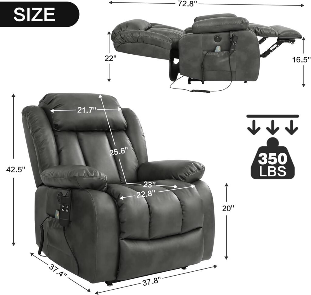 EASELAND Infinite Position Dual Motor Large Power Lift Recliner Chair with Massage and Heat for Elderly,Breathable Leather,2 Remote Controls,USB  Type-C,Lay Flat Sleeping(Silver Grey)