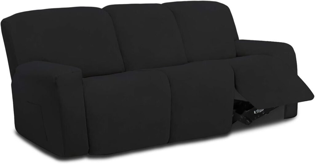 Easy-Going 8 Pieces Microfiber Stretch Sectional Recliner Sofa Slipcover Soft Fitted Fleece 3 Seats Couch Cover Washable Furniture Protector with Elasticity for Kids Pet(Recliner Sofa, Black)