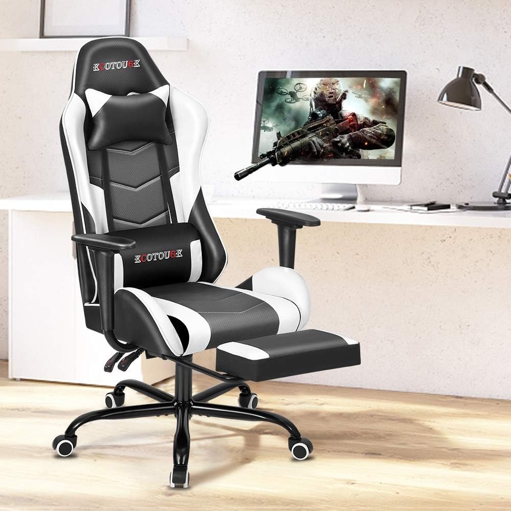 ECOTOUGE PC Massage Gaming Chair with Footrest Ergonomic Office Desk Chair Racing PU Leather Recliner Swivel Rocker with Headrest and Lumbar Pillow,White