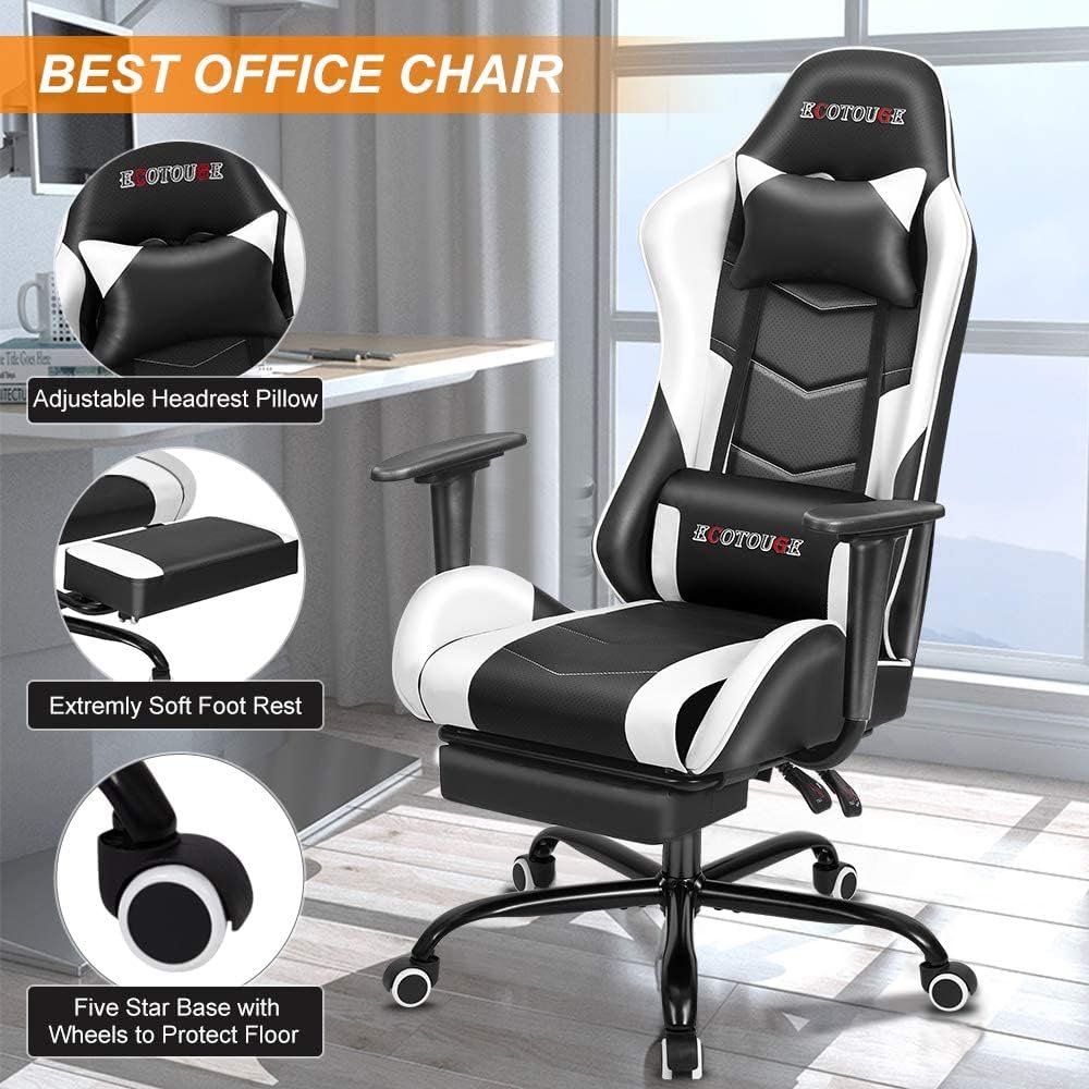 ECOTOUGE PC Massage Gaming Chair with Footrest Ergonomic Office Desk Chair Racing PU Leather Recliner Swivel Rocker with Headrest and Lumbar Pillow,White