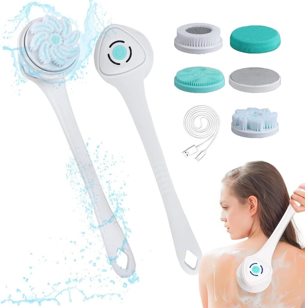 Electric Body Brush Sonic Scrubber 5-in-1 Back Brush Cordless Bath Brush Shower Scrubber Rechargeable Silicone Body Scrubber with Long Handle for Men Women Gift (White)