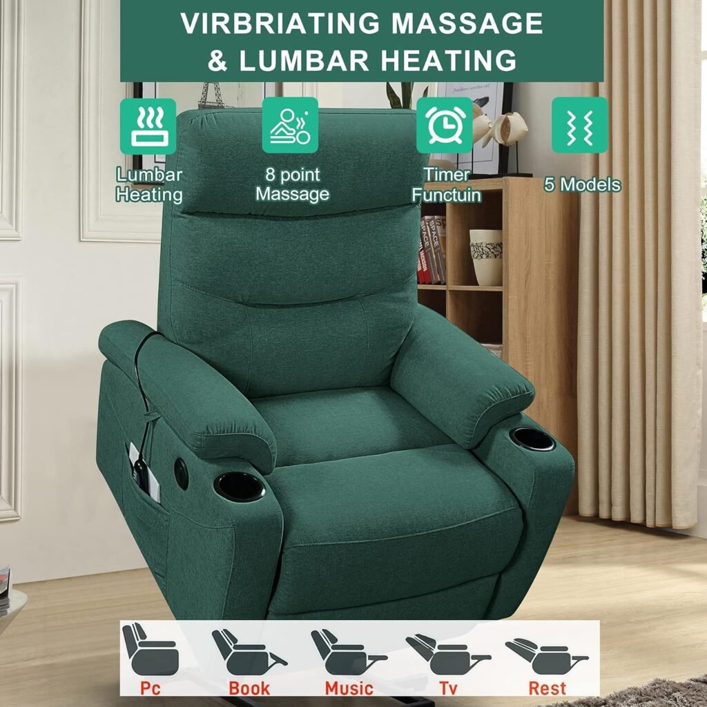 Electric Power Lift Recliner Chair,Vibration Massage Heated Chair for Elderly,Fabric Single Chair with 2 Side Pockets, Lounge Chair with 2 Cup Holders,USB Charge Port for Living Room…