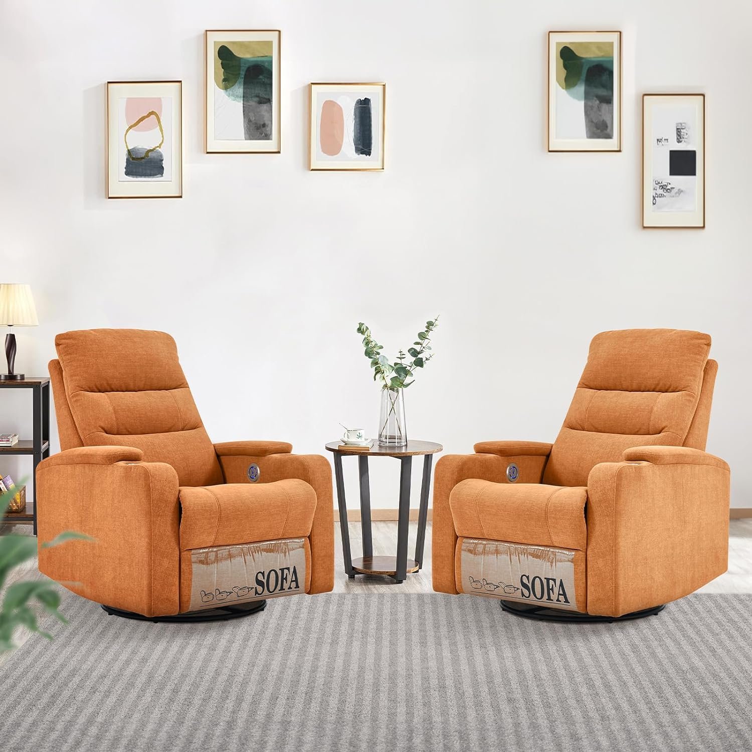 Electric Rocker Recliner Swivel Glider Chair, Modern Comfy Velvet Lazy Reclining Sofa Chairs Rocking Power Recliners for Living Room Bedroom Baby Nursery Home Theater Seating (Orange, Set of 2)