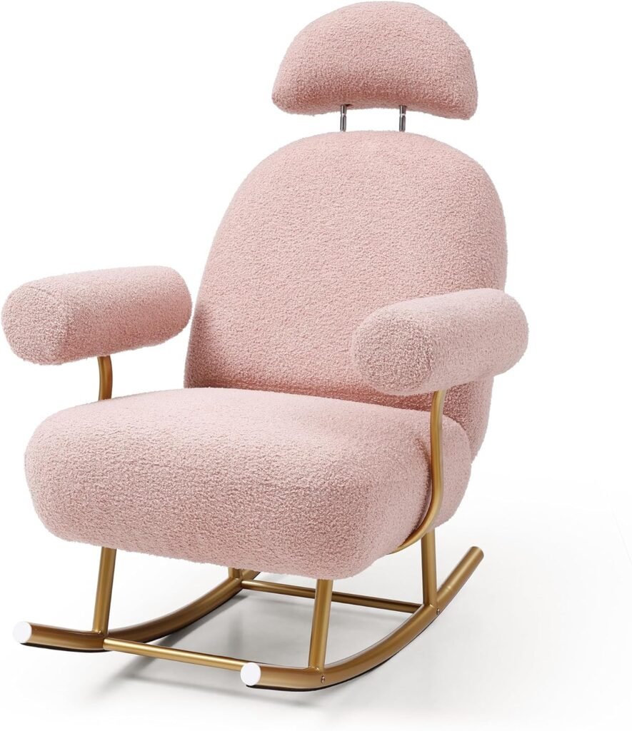 EMKK Nursery Rocking Chair,Accent Upholstered Rocker GliderChair for Baby and Kids, Modern Sherpa Fabric Comfy Armchair with Gold Metal Frame,Leisure Sofa for Bedroom/Living Room/Office, Pink