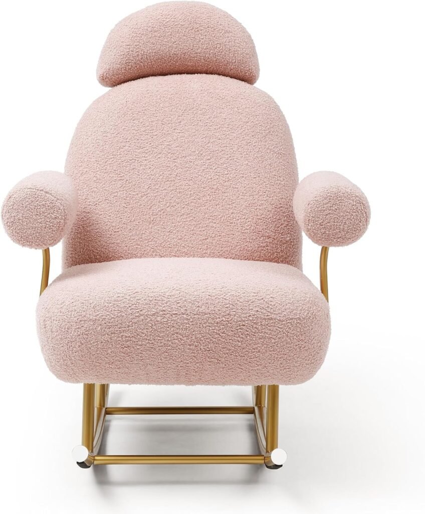 EMKK Nursery Rocking Chair,Accent Upholstered Rocker GliderChair for Baby and Kids, Modern Sherpa Fabric Comfy Armchair with Gold Metal Frame,Leisure Sofa for Bedroom/Living Room/Office, Pink