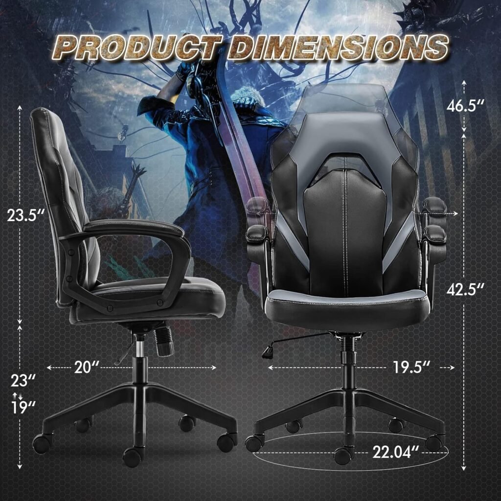 Ergonomic Gaming Office Chair - PU Leather Executive Swivel Computer Desk Chair with Flip-up Armrests and Lumbar Support for Working, Studying, Gaming Black