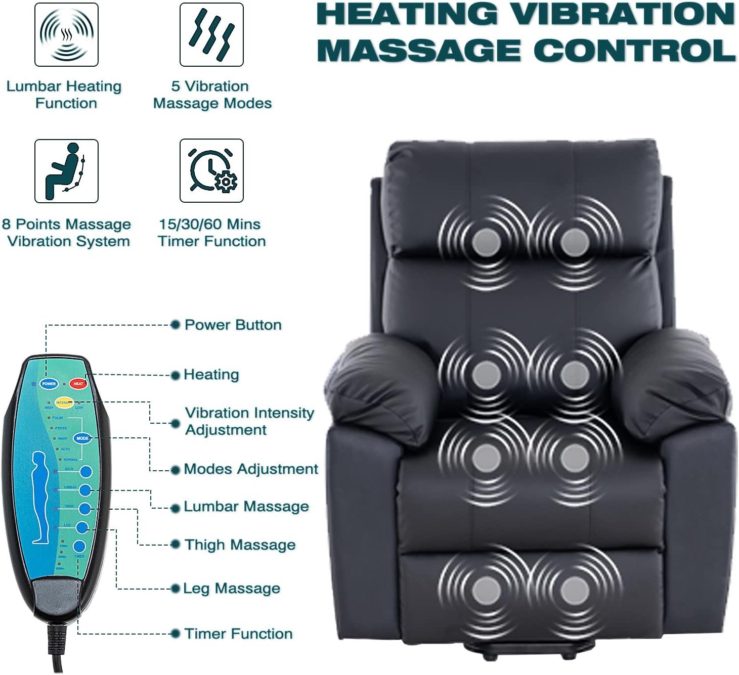 EROMMY Power Lift Recliner Chair, PU Leather Recliner with Massage and Heat for Elderly, Side Pocket, Wired Remote Control, Black