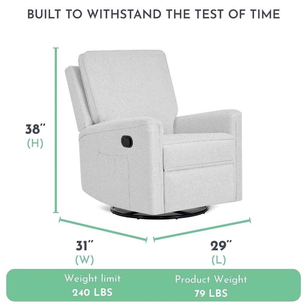 Evolur Beau Upholstered Seating Swivel, Manual, Greenguard Gold Certified, Chair, Modern Nursery Recliner, Tool-Free Assembly Glider, Morning Grey