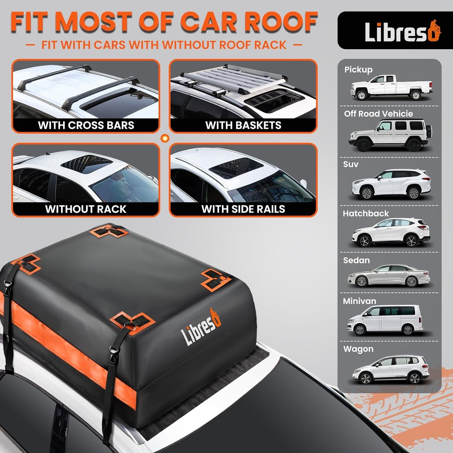 Extra Waterproof Car Rooftop Cargo Carrier Bag with Metal Ring Movable Straps Fit Cars with/Without Roof Rack, 15 Cu Ft Car Top Luggage Roof Bag with Smooth Zipper, Non-Slip Mat, 6 Door Hooks