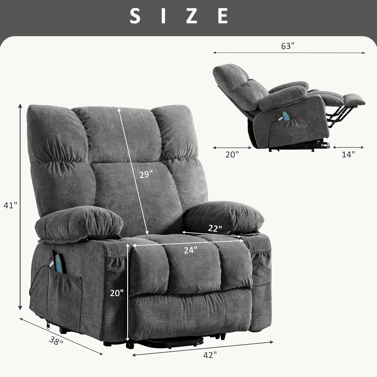 Fantasylab Recliner Chair Power Lift Chair Power Lift Recliner Chairs with Heat and Massage, 2 Side Pocket, USB Port for Elderly