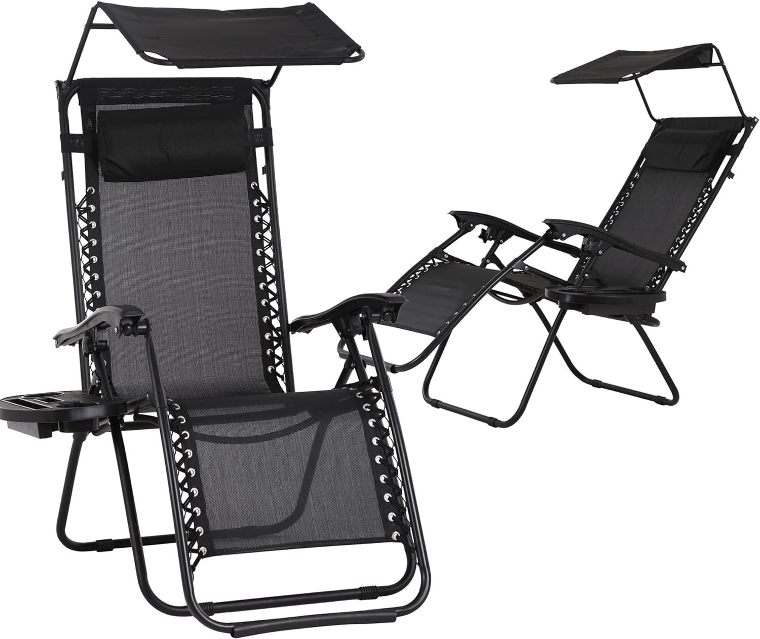 FDW 2 PCS Zero Gravity Chair Lounge Chairs Patio Chairs with Canopy Cup Holder for Outdoor Patio Seaside (Black)