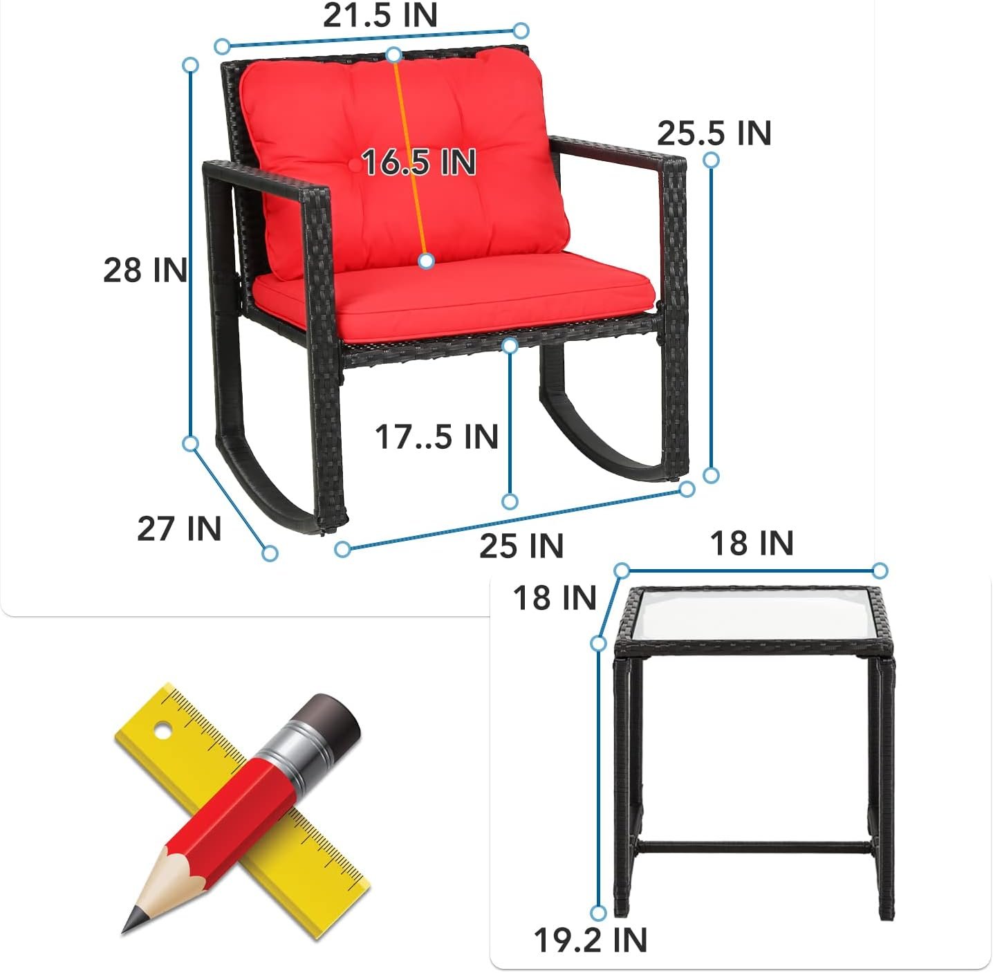 FDW Wicker Furniture Outdoor Conversation Sets Rattan Rocking Chairs with Red Cushions and Glass Coffee Table for Patio Porch Backyard Balcony Poolside Garden