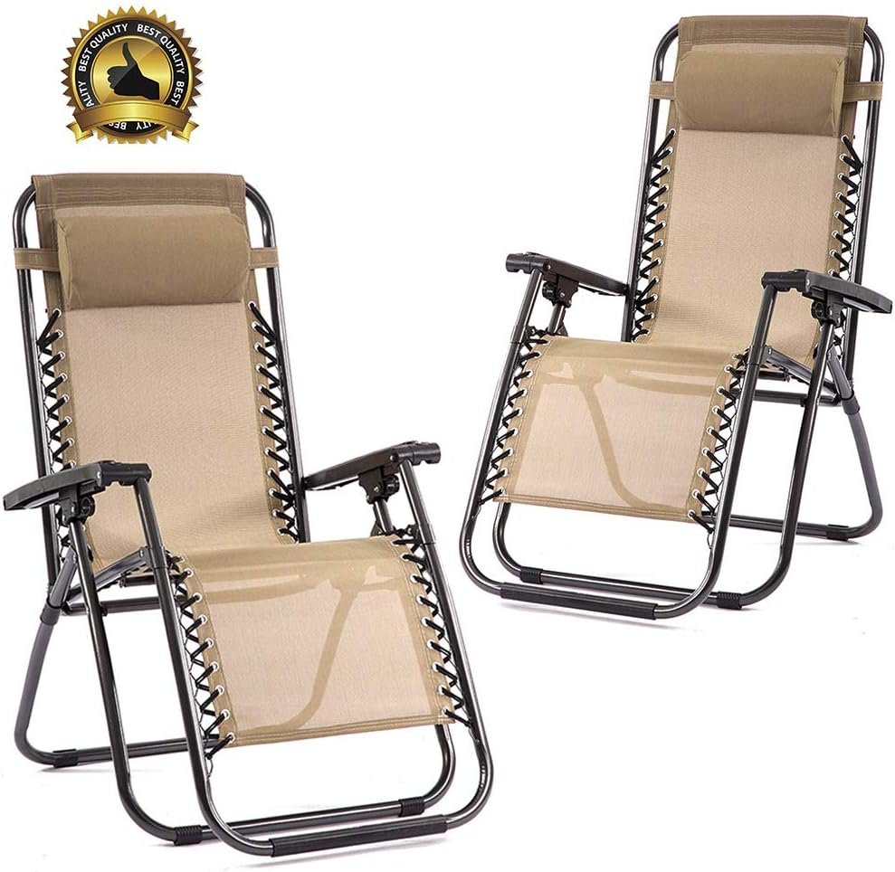 FDW Zero Gravity Chairs Set of 2 Lounge Patio Chairs Outdoor Yard Beach Garden(Tan)