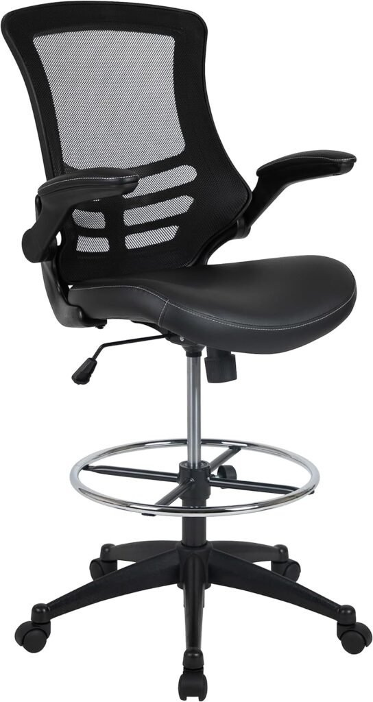 Flash Furniture Kelista Mid-Back Black Mesh Ergonomic Drafting Chair with LeatherSoft Seat | Adjustable Foot Ring, Flip-Up Arms | Comfort and Productivity