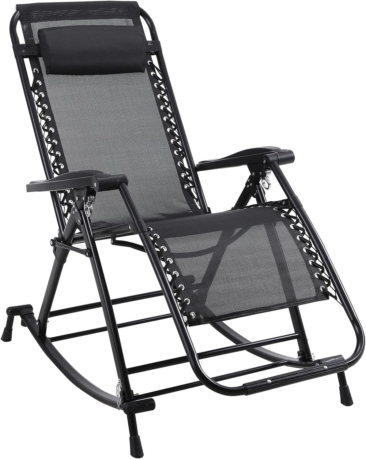 FLOGUOR Outdoor Rocking Chairs,Foldable Reclining Zero Gravity Lounge Rocker with Pillow,Footrest, for Camping Patio Garden, Supports 330 LBS (Black1)