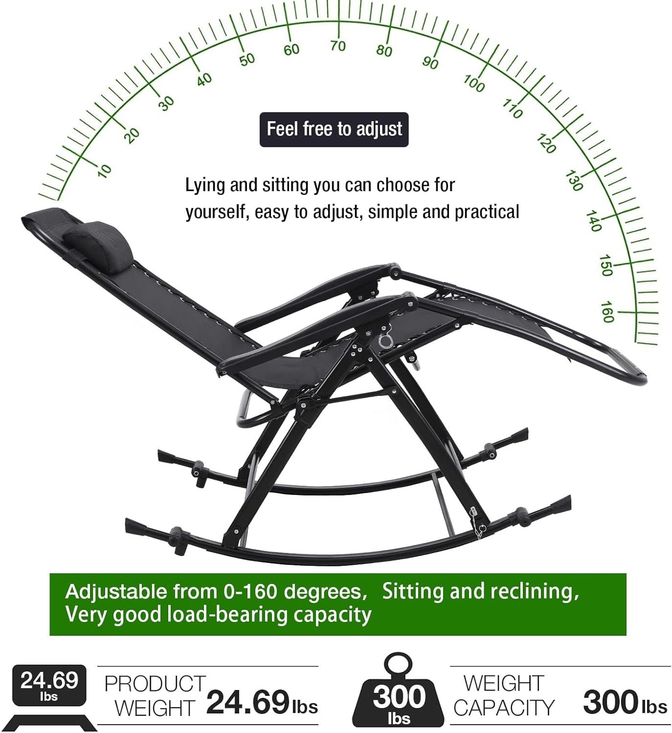 FLOGUOR Outdoor Rocking Chairs,Foldable Reclining Zero Gravity Lounge Rocker with Pillow,Footrest, for Camping Patio Garden, Supports 330 LBS (Black1)