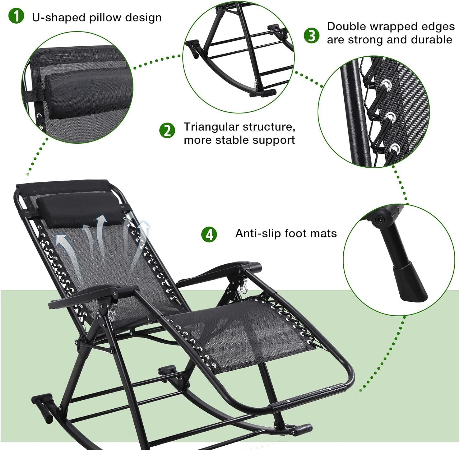 FLOGUOR Outdoor Rocking Chairs,Foldable Reclining Zero Gravity Lounge Rocker with Pillow,Footrest, for Camping Patio Garden, Supports 330 LBS (Black1)