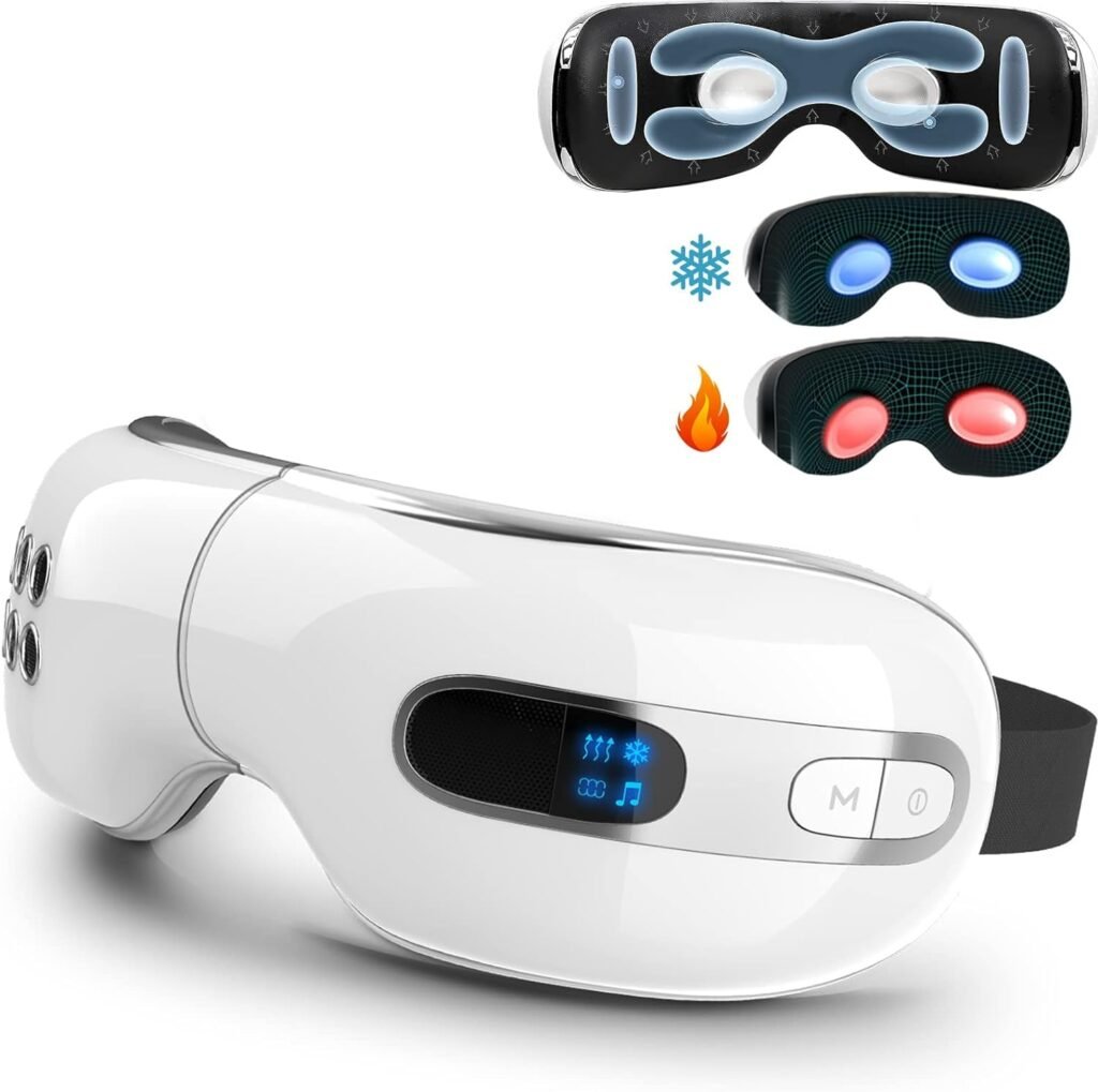 fmlave Eye Massager with Heat and Cooling for Migraines, Dry Eyes, Dark Circles, Rechargeable Bluetooth Music Heated Eye Mask Massager Improve Sleeping - Great Gifts for Woman and Man (White)