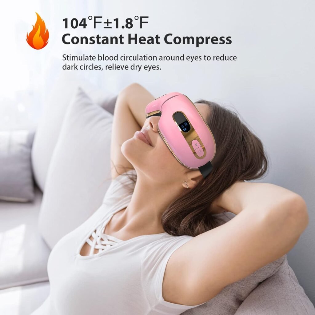 fmlave Eye Massager with Heat and Cooling for Migraines, Dry Eyes, Dark Circles, Rechargeable Bluetooth Music Heated Eye Mask Massager Improve Sleeping - Great Gifts for Woman and Man (White)