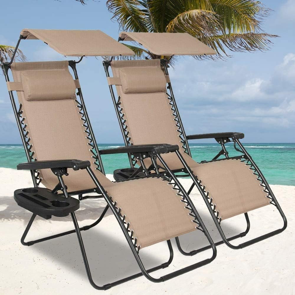 Folding Zero Gravity Chair Set of 2, Outdoor Recliner Patio Lounge Chair w/Canopy Shade  Cup Holder, 250lbs Folding Steel Mesh Recling Beach Chairs for Outside Camping Fishing Poolside Terrace Lawn
