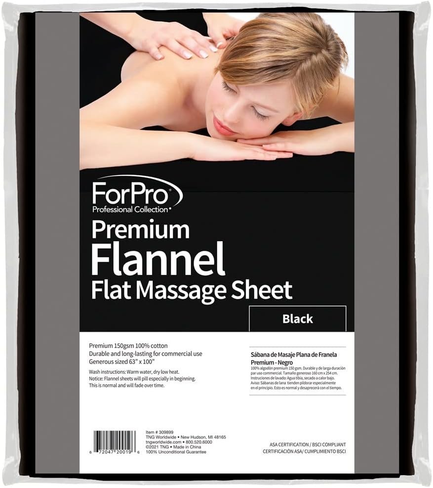 ForPro Premium Flannel Flat Sheet for Massage Tables, Ultra-Light, Stain and Wrinkle-Resistant, 63 W x 100 L, Black