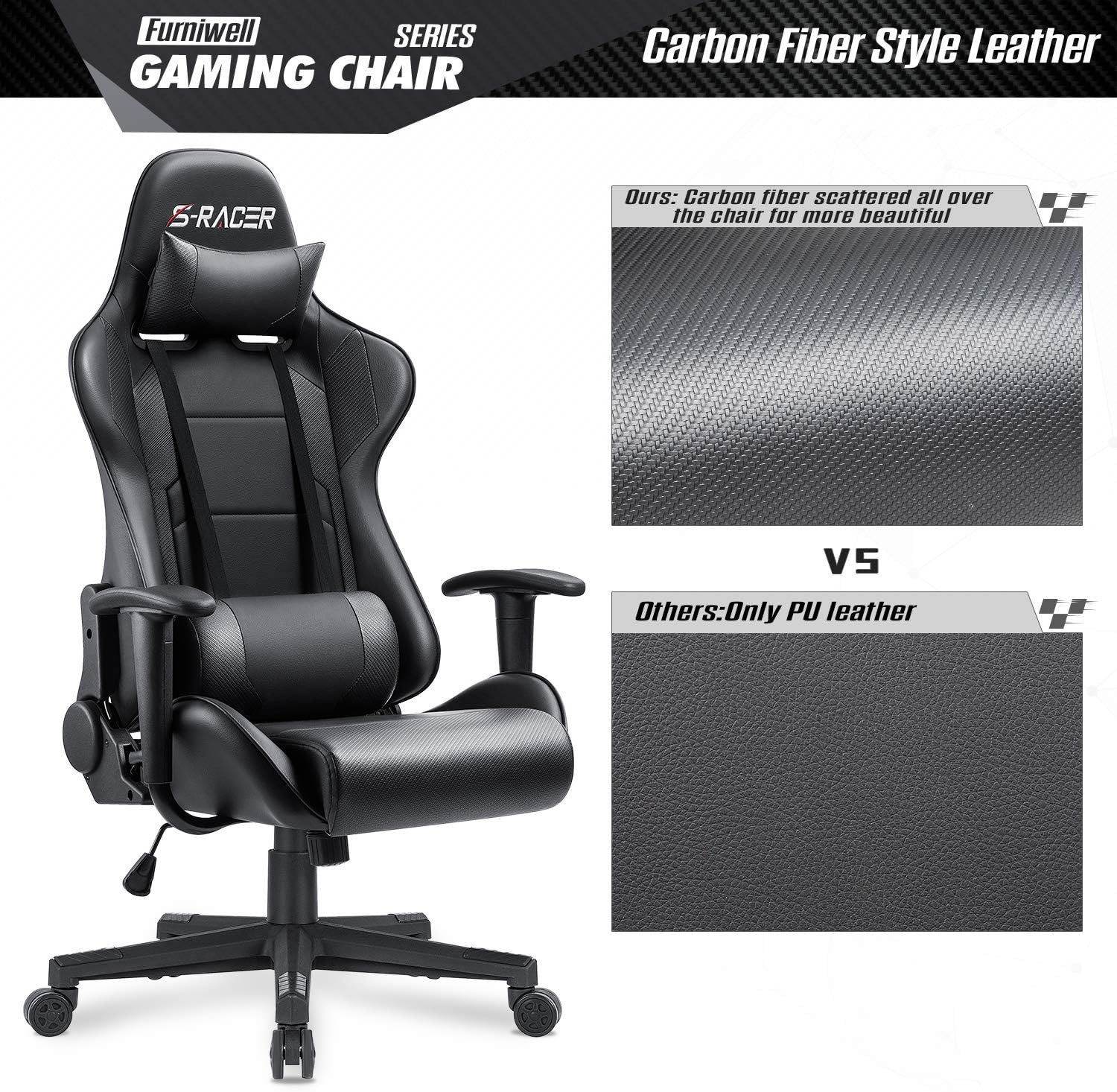 Furniwell Gaming Chair Racing Computer Chair Office Desk Chair Adjustable Swivel High Back Carbon Fiber Style Leather Executive Ergonomic Chair with Headrest and Lumbar Support (Black)