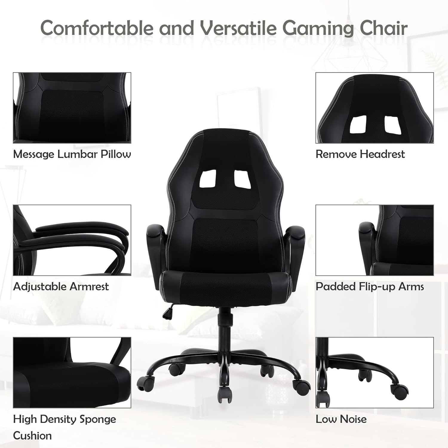 Gaming Chair for Adult Office Desk Chair Ergonomic Computer Chair with Lumbar Support Armrest Adjustable Cheap Video Game Chairs Reclining Rolling Chair PU Leather Task Chair Black