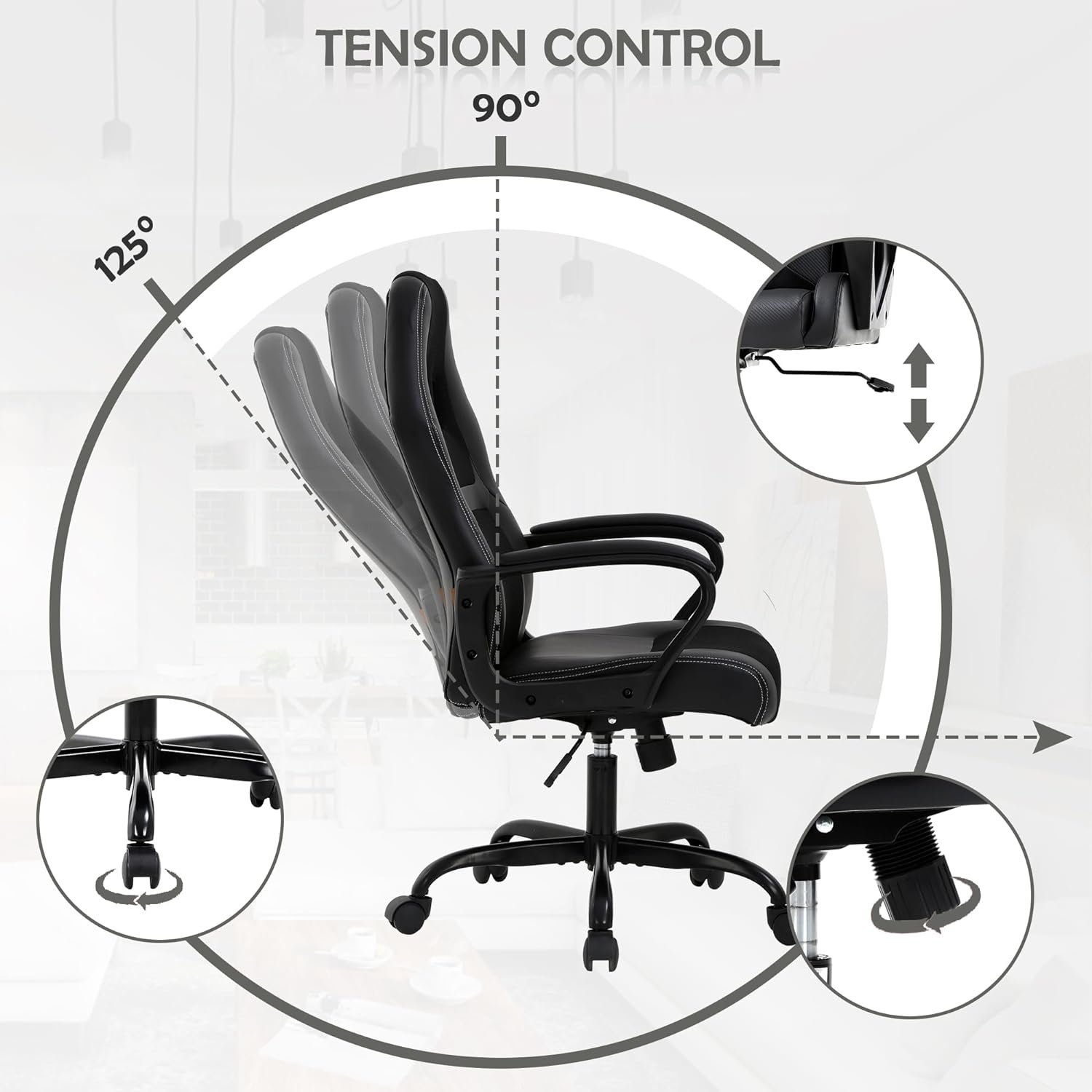 Gaming Chair for Adult Office Desk Chair Ergonomic Computer Chair with Lumbar Support Armrest Adjustable Cheap Video Game Chairs Reclining Rolling Chair PU Leather Task Chair Black