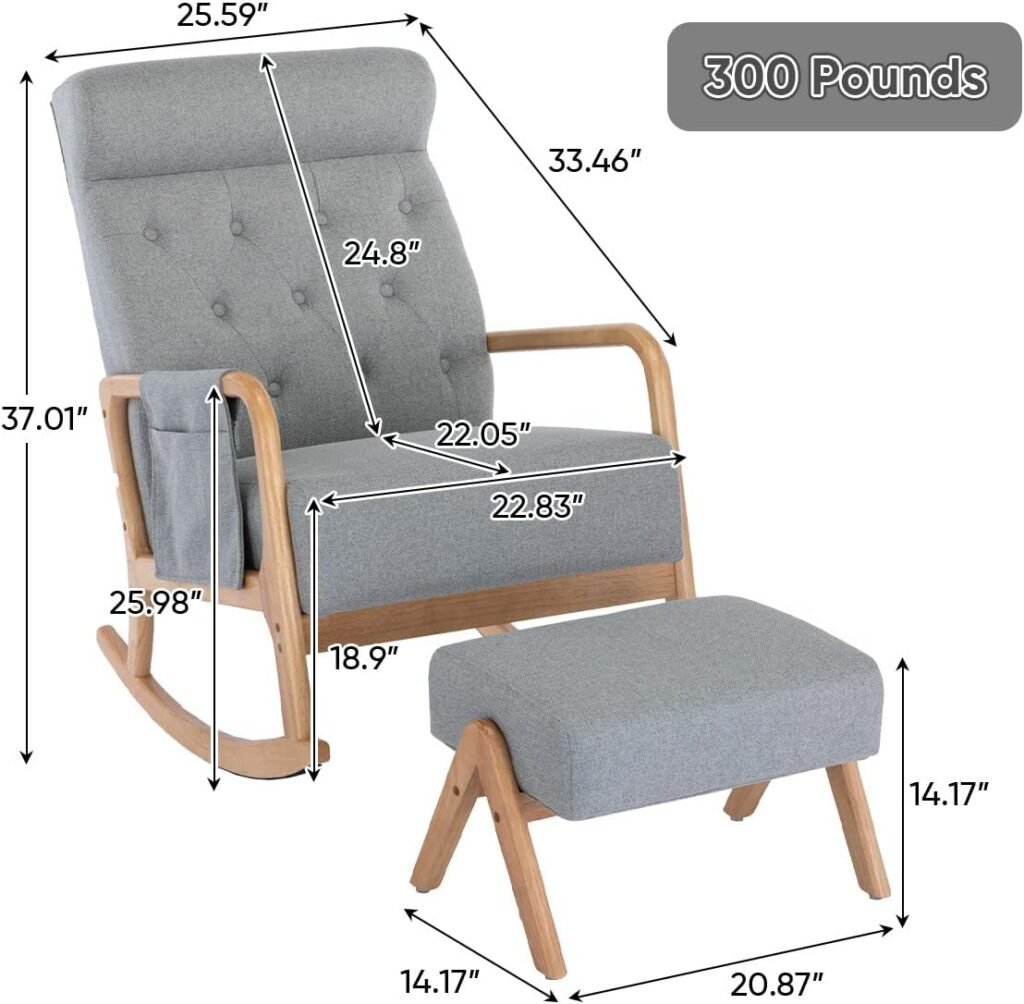 GEEVIVO Rocking Chair Nursery, Glider Rocker with Ottoman High Backrest Recliner Chair Upholstered Fabric Lounge Chairs for Baby and Mom Modern Rocking Armchair Indoor for Living Room Bedroom(Grey)