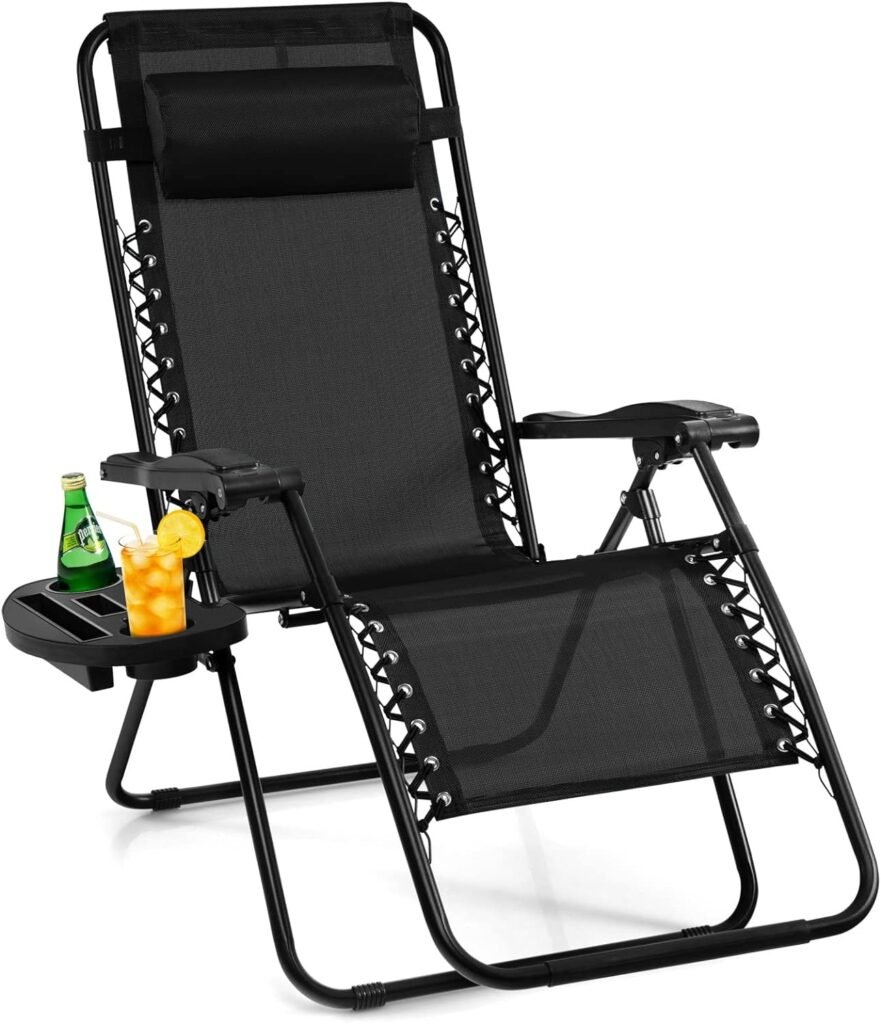 Giantex Zero Gravity Reclining Chair, Outdoor Patio Recliner with Cup Holder  Removable Pillow, Adjustable Backrest, Indoor Lounge Chair for Backyard, Garden, Poolside (Black)