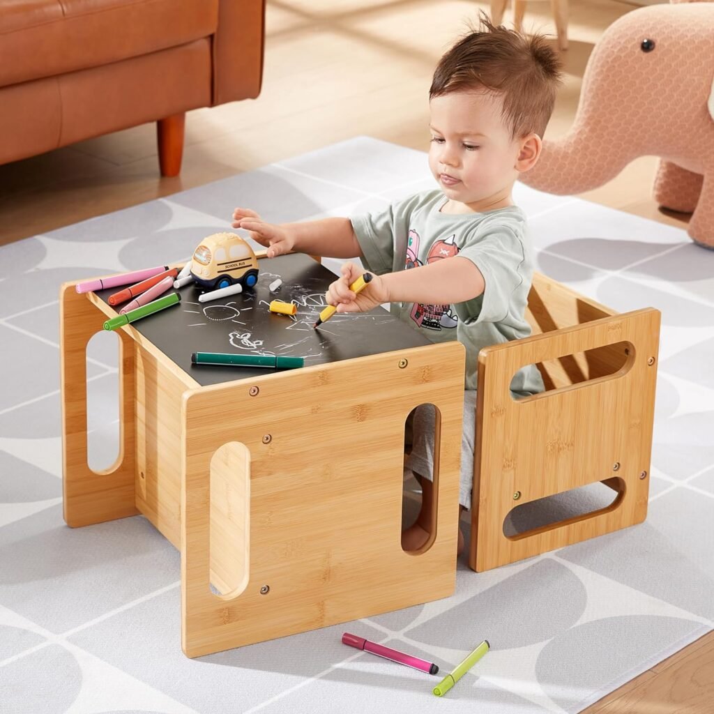 GTOLV 4 in 1 Montessori Weaning Table and Chair Set with Chalkboard and Flip Chair, Kids Bamboo Activity Table Step Stools for Drawing, Dining, Reading, and Playing (Natural)