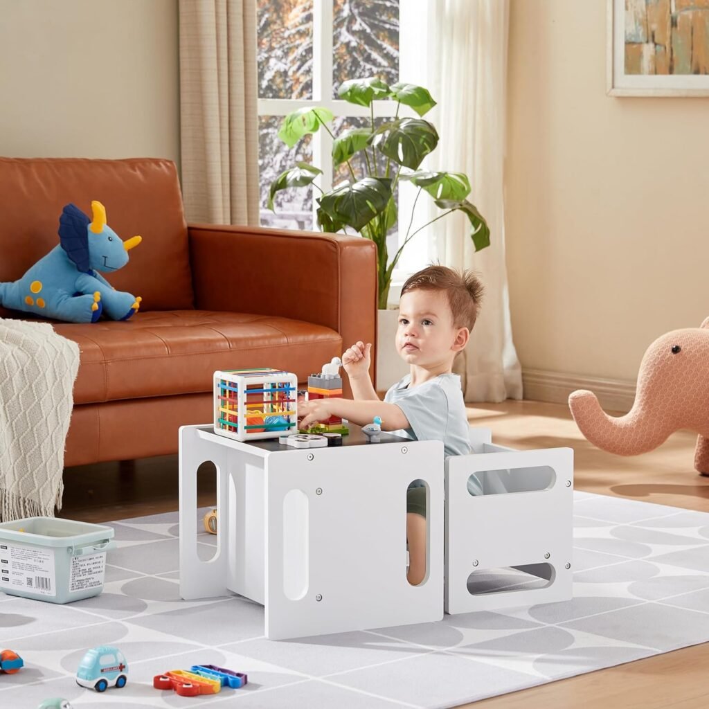 GTOLV 4 in 1 Montessori Weaning Table and Chair Set with Chalkboard and Flip Chair, Kids Bamboo Activity Table Step Stools for Drawing, Dining, Reading, and Playing (Natural)