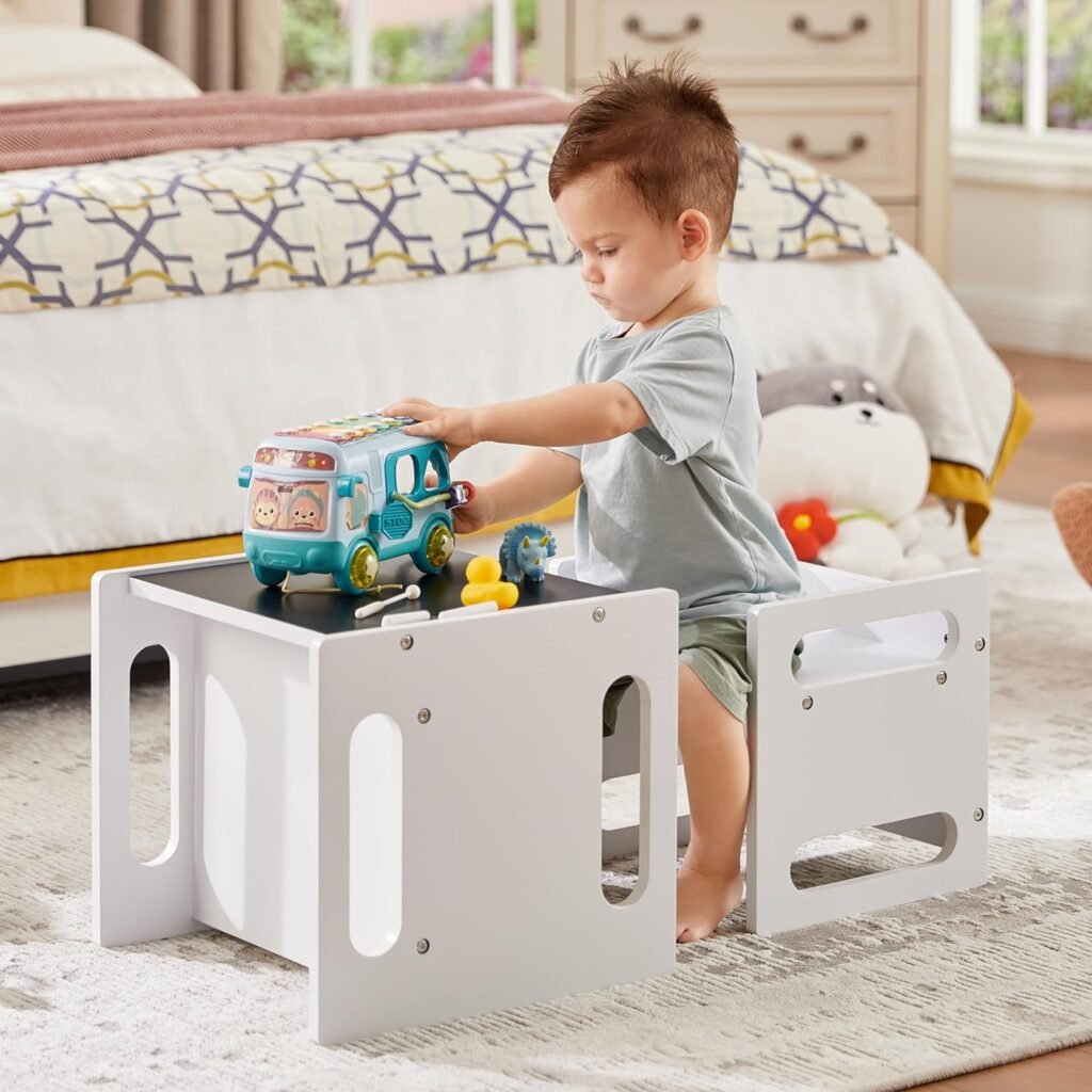 GTOLV 4 in 1 Montessori Weaning Table and Chair Set with Chalkboard and Flip Chair, Kids Bamboo Activity Table Step Stools for Drawing, Dining, Reading, and Playing (Natural)
