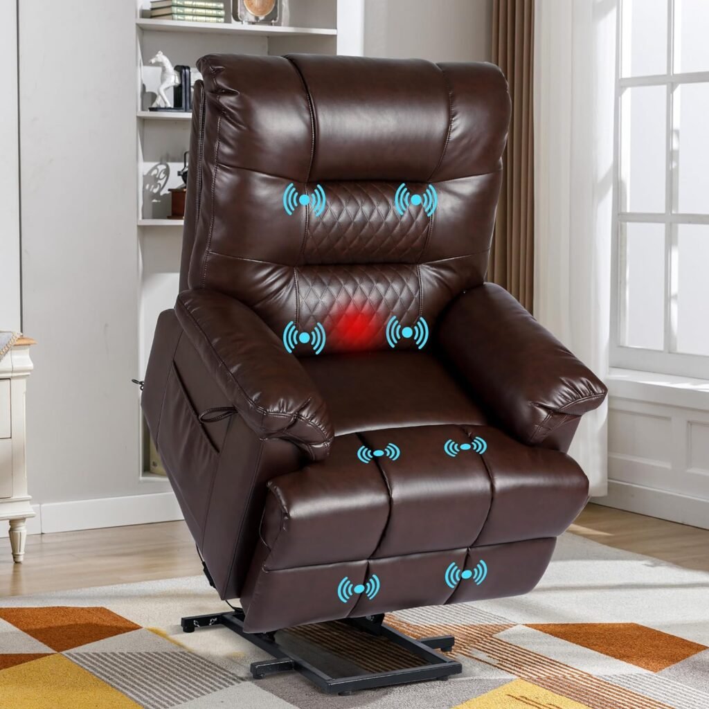 GUEAPY Power Lift Recliner Chair with Massage and Heat Lift Chairs Recliner for Elderly with Oversized Footrest, USB  Type-C Ports, Pocket, Infinite Position, Faux Leather(Brown)