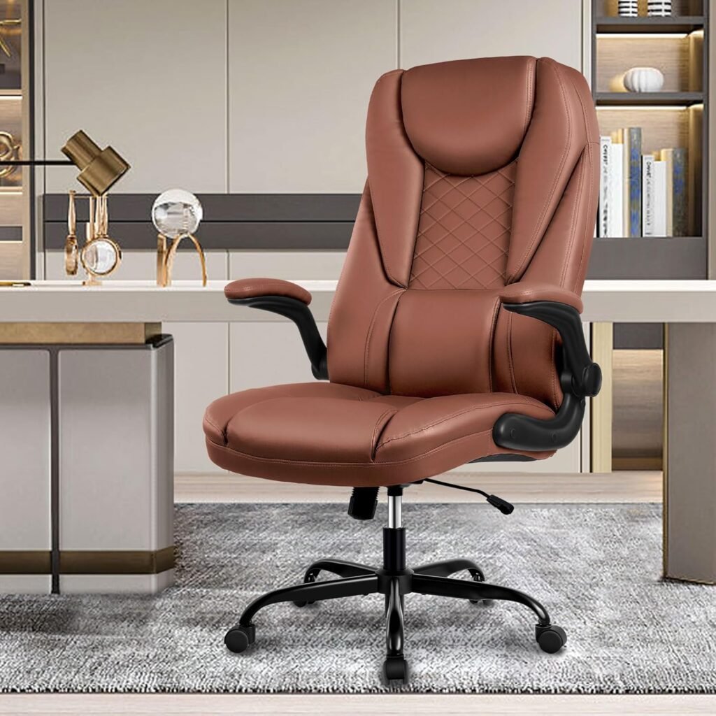 Guessky Office Chair, Executive Office Chair Big and Tall Office Chair Ergonomic Leather Chair with Adjustable Flip-Up Arms High Back Home Office Desk Chairs Computer Chair with Lumbar Support (Brown)