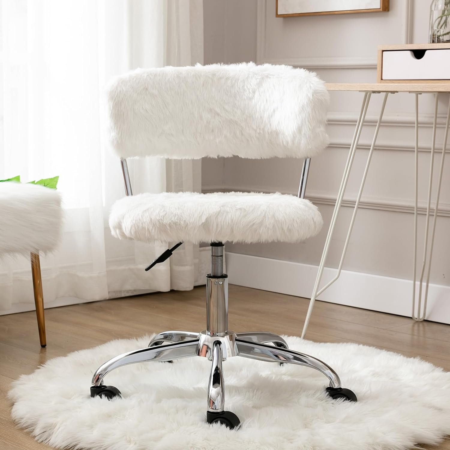 Guyou Desk Chair Armless Office Chair Faux Fur Vanity Chair with Wheels Upholstered Home Office Chair Cute for Small Space Teens Study Makeup with Hollow Back (White)