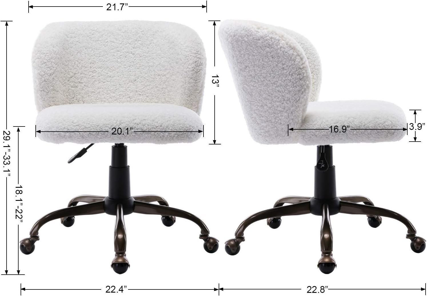 Guyou Desk Chair Armless Office Chair Faux Fur Vanity Chair with Wheels Upholstered Home Office Chair Cute for Small Space Teens Study Makeup with Hollow Back (White)