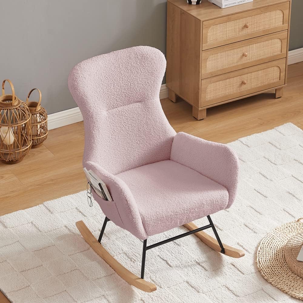 hansones Rocking Chair Nursery,Modern Accent Rocking Chair,Upholstered Nursery Glider Rocker for Baby,Rocking Chair Indoor for Living Room/Bedroom/Nursery (Pink Teddy Fabric)