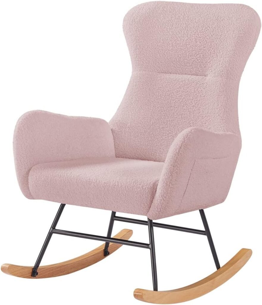 hansones Rocking Chair Nursery,Modern Accent Rocking Chair,Upholstered Nursery Glider Rocker for Baby,Rocking Chair Indoor for Living Room/Bedroom/Nursery (Pink Teddy Fabric)