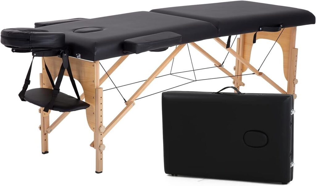 HCY Massage Table 73 inch Bed Table Portable Massage Bed Wood Leg Height Adjustable 2 Folding with Carry Case for SPA Salon Tatoo (Black)