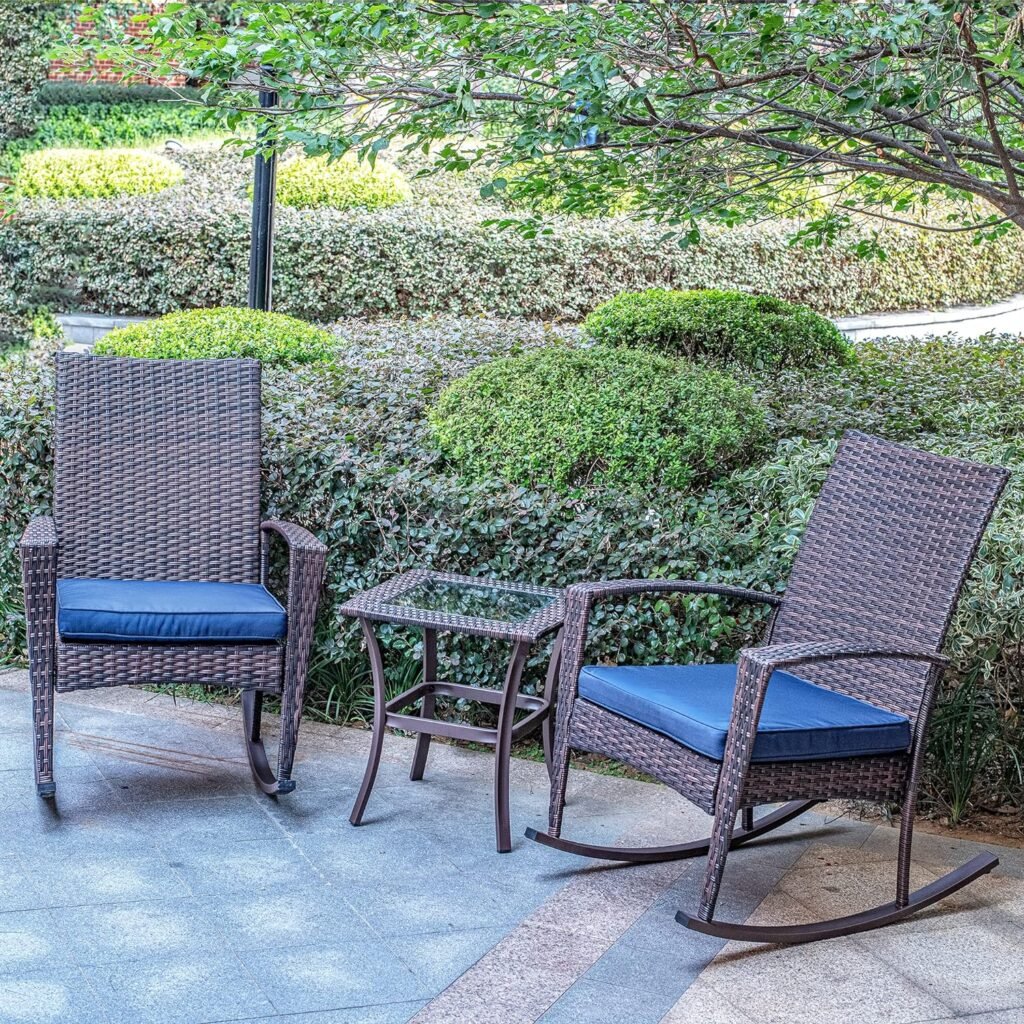 Heeyoo 3 Piece Wicker Patio Furniture Sets, Outdoor Wicker Rocking Chairs Patio Bistro Set, Rattan Chairs Patio Furniture Set with Glass Coffee Table, Navy