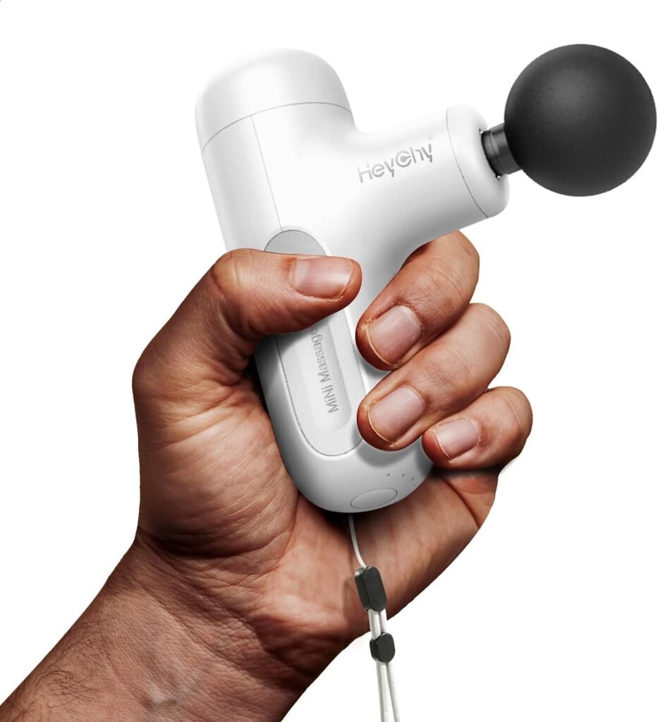 HEYCHY Mini Massage Gun,4.8IN Small Travel Pain Relief Handheld Portable Massager,Full Body Recovery  Relief for Outdoors,USB Charging,5 Speeds,Gifts for MenWomen (White)