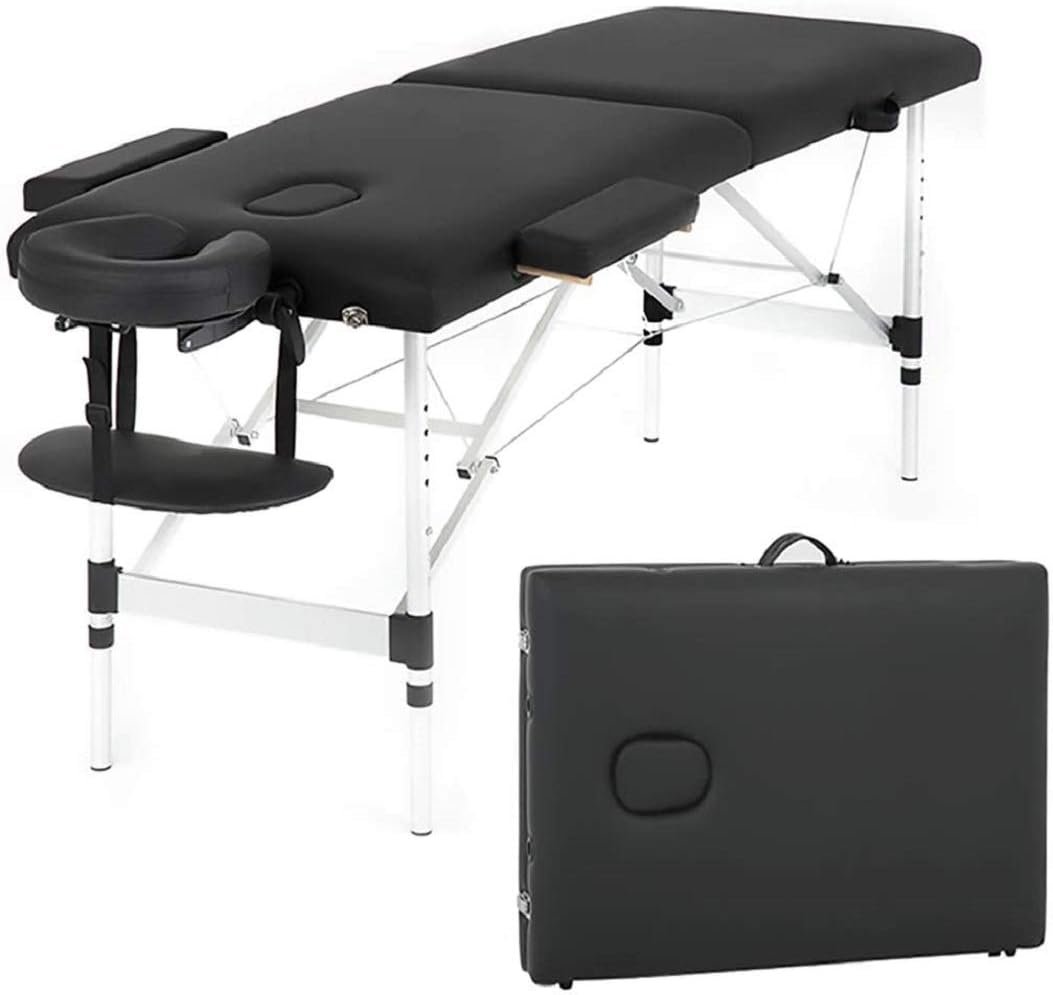 HGS Aluminium Massage Table 73 Inch Portable Bed Facial Salon Tattoo 2 Fold Spa with Carry Case, Adjustable Professional Folding, Black