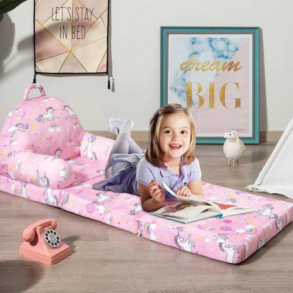 HIGOGOGO Plush Foldable Kids Sofa, Unicorn Pattern Children Couch Backrest Armchair Bed with Pocket and Handle, Upholstered 2 in 1 Flip Open Infant Baby Seat for Living Room Bedroom, Pink