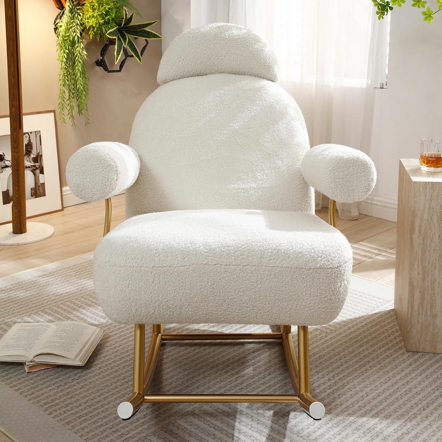 Holaki Nursery Rocking Chair,Modern Sherpa Fabric Accent Upholstered Rocker Glider Chair for Baby and Kids,Comfy Armchair with Gold Metal Frame,Leisure Sofa Chair for Nursery/Bedroom/Living Room,Beige