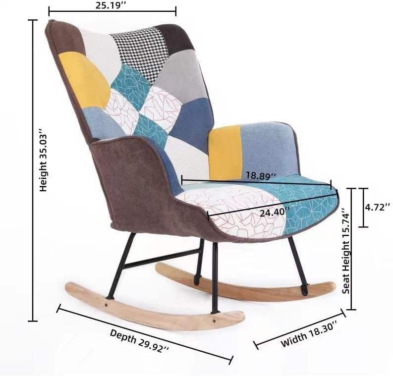 HomVent Rocking Chair Comfy Nursery Rocker Chair with Colourful Patchwork Upholstery Reading Chair with High Wingback Upholstered Nursery Glider for Kids,Baby,Arm Chair for Bedrooms,Living Room