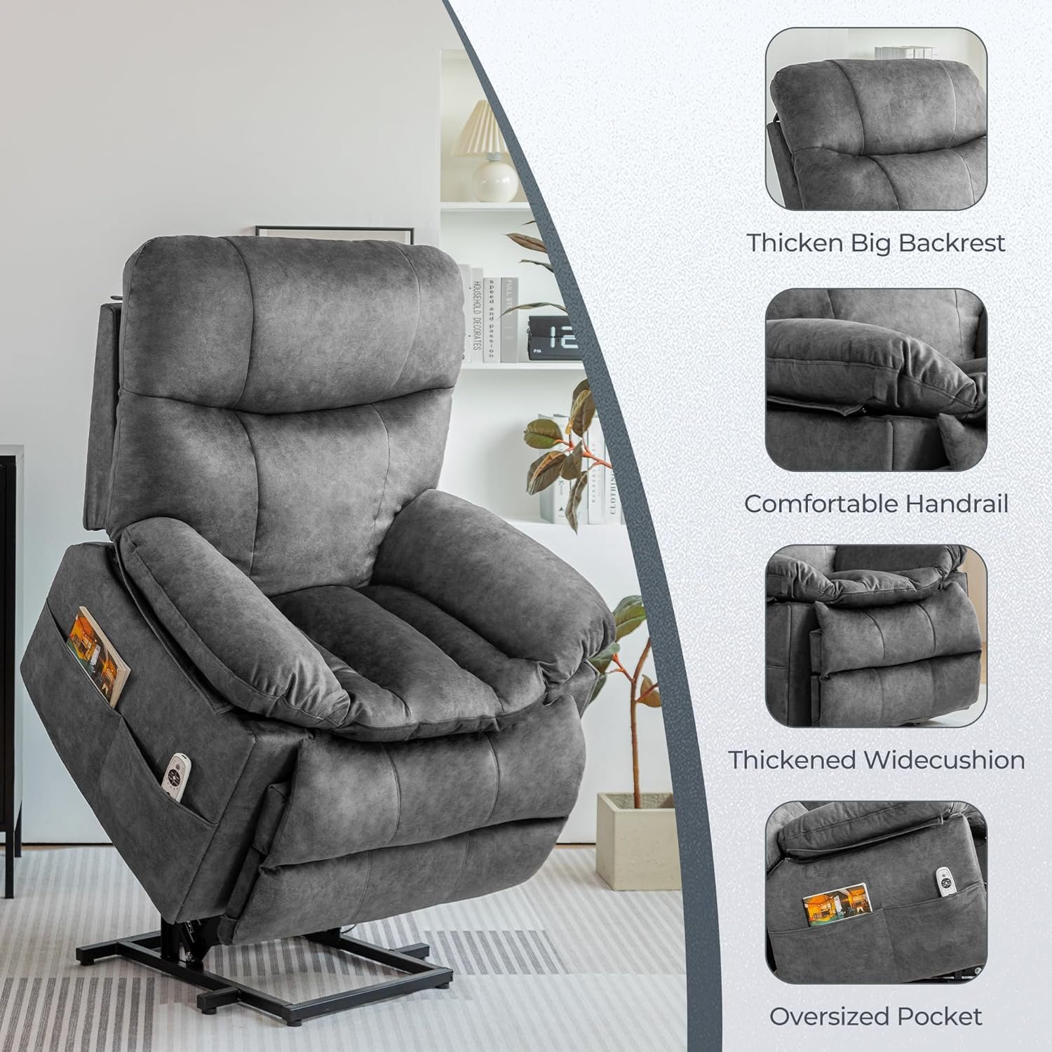 HOMYEDAMIC Power Lift Recliner Chair for Elderly with Heat  Massage, Big Tall Large Fabric Oversized Remote Electric Stand up Ergonomic USB Charge Port Recliner for Senior Adult (LM9033-GREY)